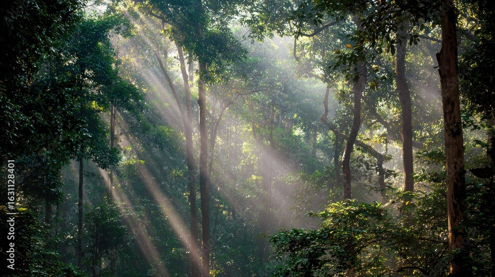 Obraz premium Sunbeams Filtering Through Lush Forest Canopy