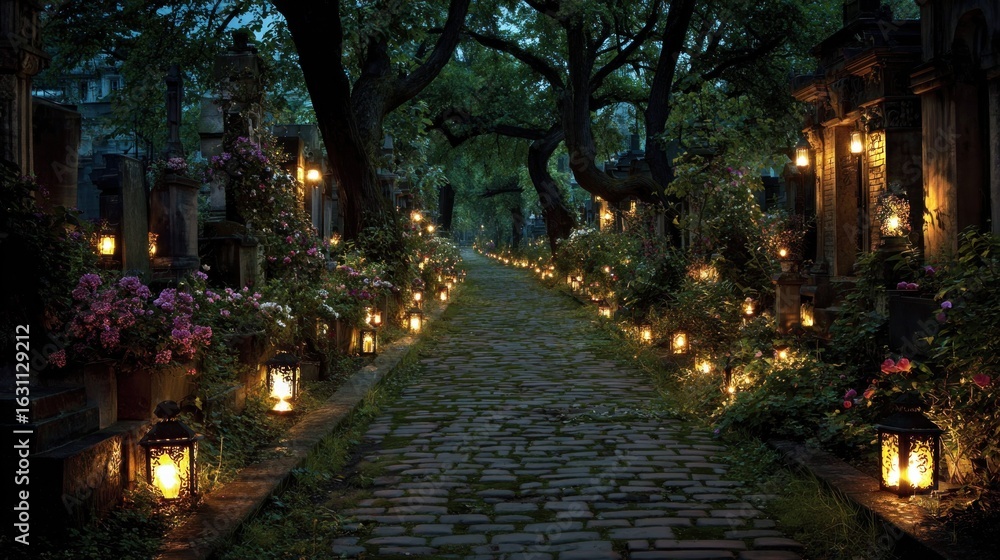 Fototapeta premium Enchanted Cemetery Path at Night