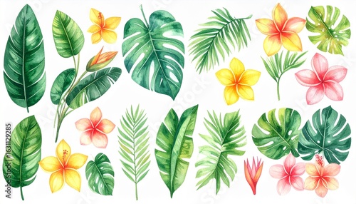 Generated image Hand-drawn watercolor tropical flower set. Exotic palm leaves, jungle tree, Brazilian tropical botany elements, and flowers. Perfect for fabric design.