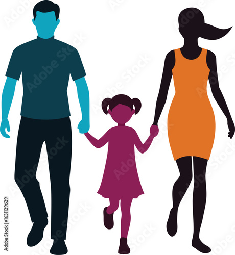 Happy family walking together, father, mother, and daughter