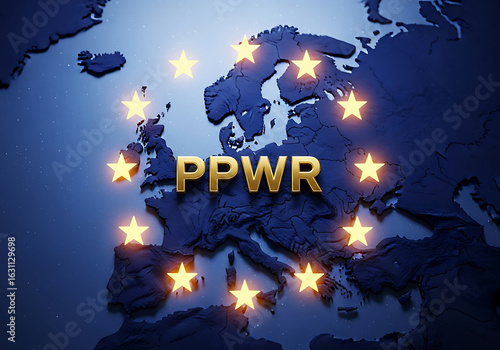European political community ppwr and eu stars on a dark blue world map illustration