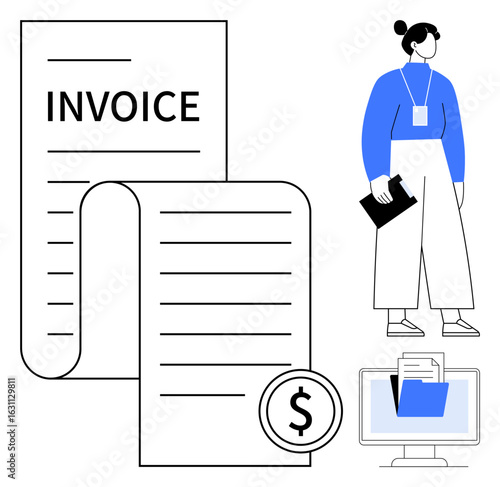 Large invoice with dollar sign, woman holding tablet, computer with open folder. Ideal for finance, accounting, digital transactions, bookkeeping, budgeting, small business tools simple flat