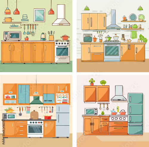 Four Colorful Kitchen Designs Illustration.