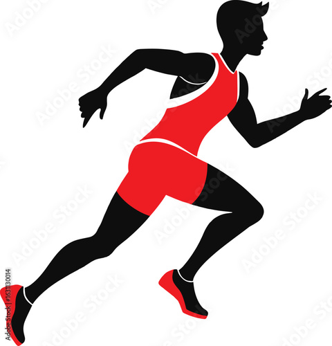 Male runner silhouette in red and black uniform sprinting with speed