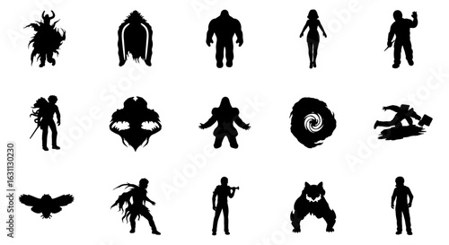 Black and white silhouettes depicting various fantasy and sci-fi characters