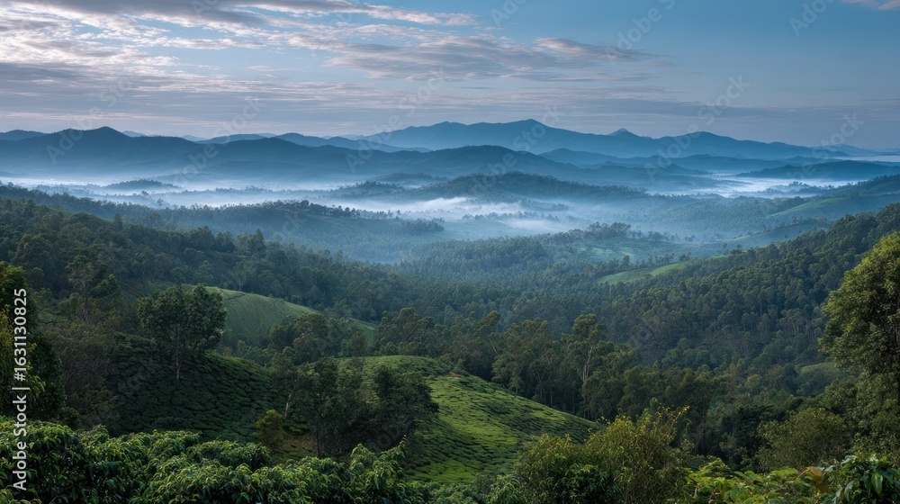 Fototapeta premium Misty Mountain Landscape: Serene Hills and Verdant Valleys