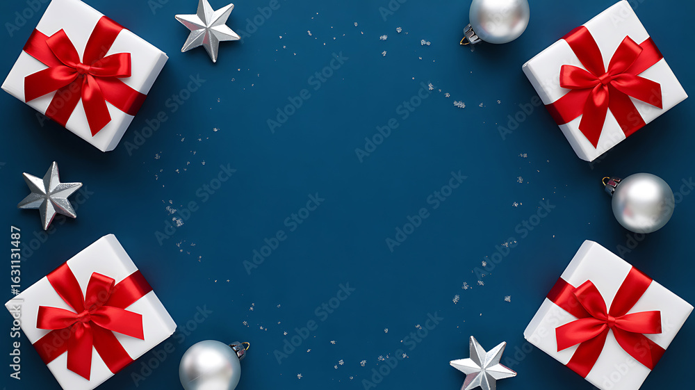 Fototapeta premium Christmas gifts and ornaments on deep blue background