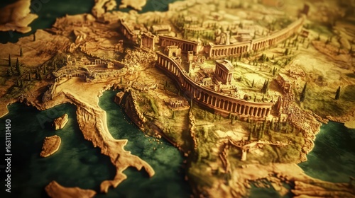 Ancient Mediterranean landscape.  Detailed 3D map of historical Mediterranean region, showing city, terrain, and water.  Warm sepia tones