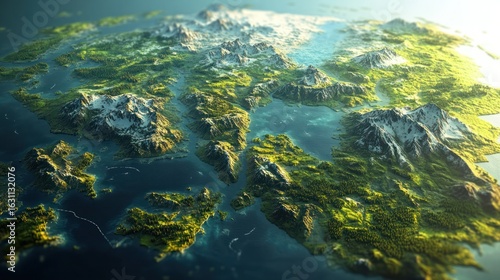 High-angle view of a stylized map, showcasing mountainous terrain,  lush green vegetation, and  inlet-filled coastline.  Sunlight illuminates the landscape, highlighting details