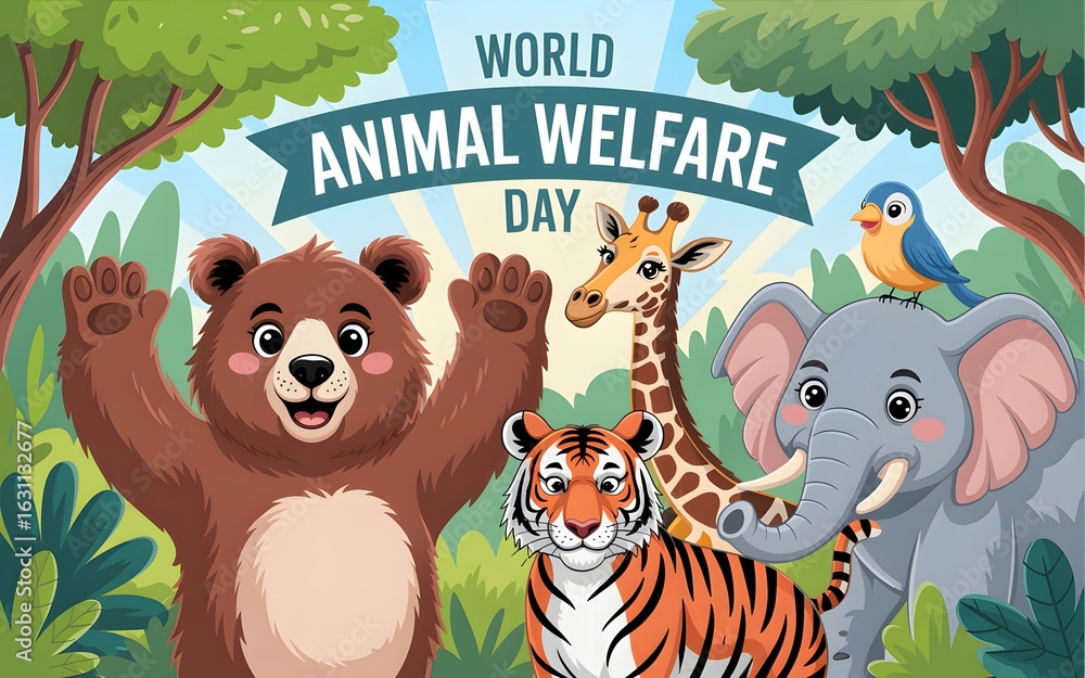 Fototapeta premium Happy animals celebrate world animal welfare day in a vibrant forest setting