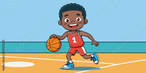 Illustration of a basketball player dribbling the ball on the court for sports and recreation design use on transparent background