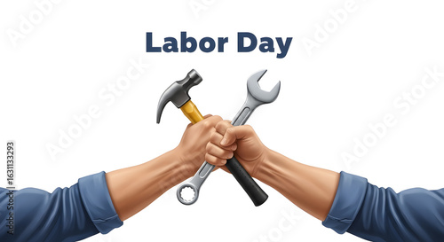 Labor Day Illustration: Hands Holding Hammer and Wrench on White Background