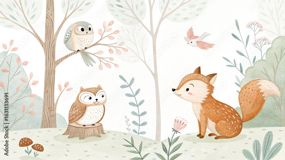 Fototapeta premium Watercolor forest animals fox owl bird trees nature woodland cute illustration nursery art design decor