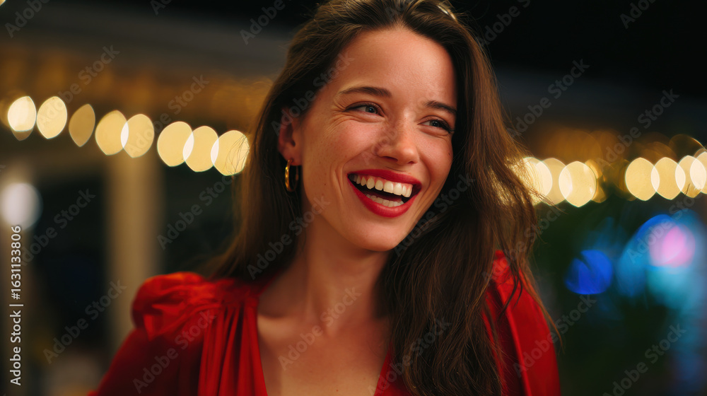 Obraz premium Vibrant Night Portrait of a Smiling Woman with Warm Lighting and Bokeh Background