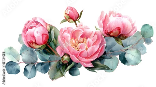 Fototapeta Naklejka Na Ścianę i Meble -  A delicate watercolor illustration of pink peonies and eucalyptus leaves, showcasing botanical beauty.
