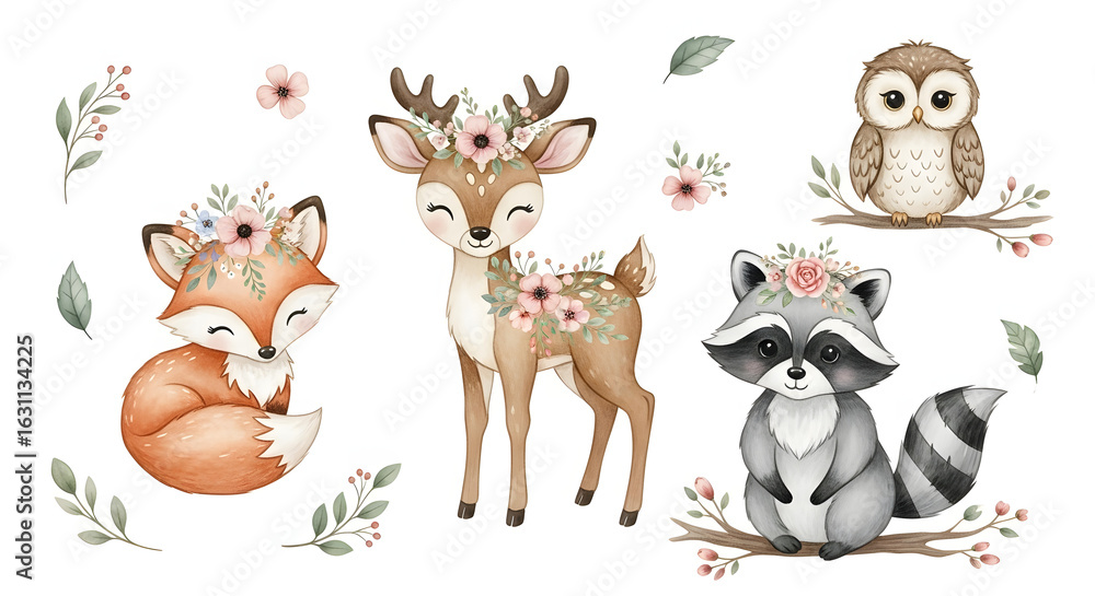 Obraz premium Watercolor set of forest cartoon isolated cute baby fox, deer, raccoon and owl animal with flowers. Nursery woodland illustration. Bohemian boho drawing for nursery poster, pattern