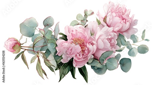 Fototapeta Naklejka Na Ścianę i Meble -  A delicate watercolor illustration of pink peonies and eucalyptus leaves, showcasing botanical beauty.