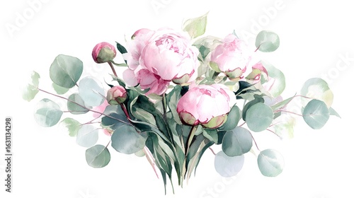 Fototapeta Naklejka Na Ścianę i Meble -  A delicate watercolor illustration of pink peonies and eucalyptus leaves, showcasing botanical beauty.