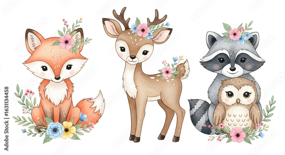 Naklejka premium Watercolor set of forest cartoon isolated cute baby fox, deer, raccoon and owl animal with flowers. Nursery woodland illustration. Bohemian boho drawing for nursery poster, pattern