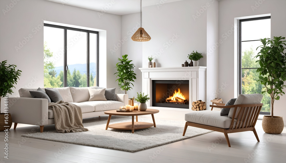 Fototapeta premium Cozy Living Room Fireplace Interior Design.