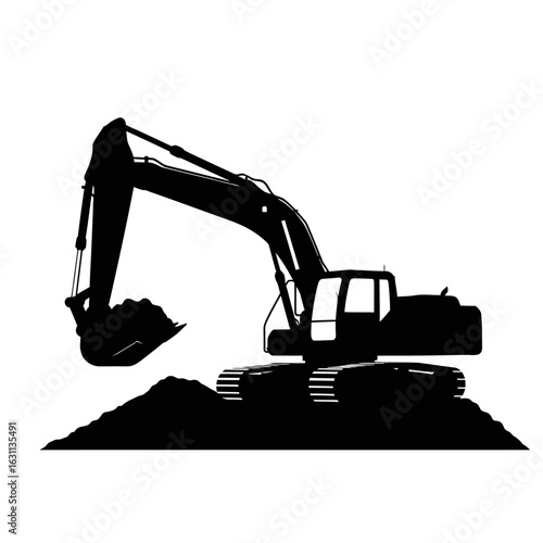A striking black silhouette of a large excavator stands on a mound of dirt, symbolizing construction and heavy industry.