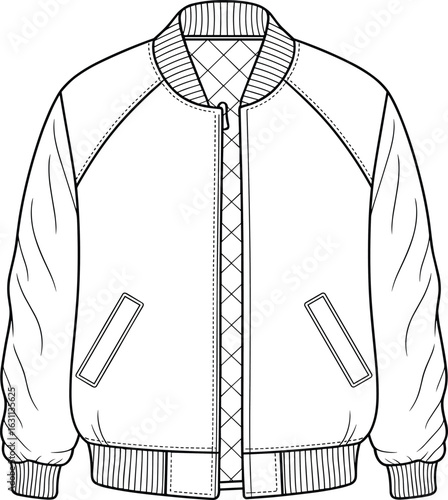 Flat vector CAD of quilted bomber jacket with ribbed collar, cuffs, and hem – front view