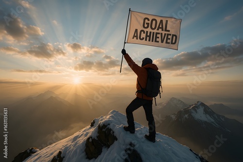 Climber with Flag on Mountain Peak Celebrating Success