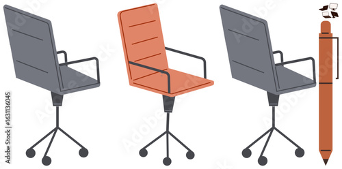 Office chairs in gray and orange, swivel base, paired with a pen and flying paper documents. Ideal for workspace, productivity, corporate branding, minimalism, writing, creativity simple landing