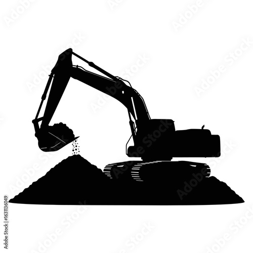 A striking black silhouette of an industrial excavator is shown actively digging and piling up earth on a white background.