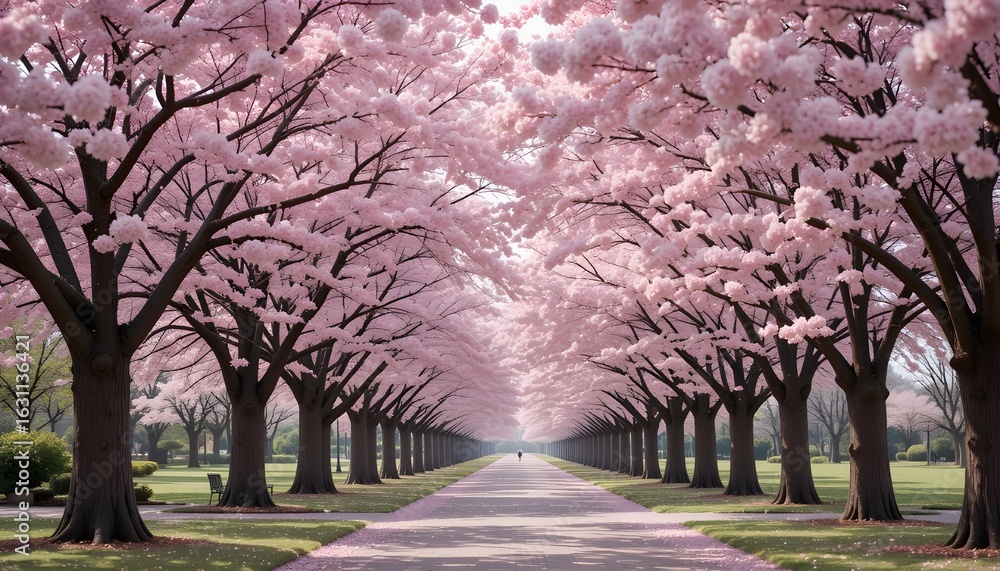Naklejka premium Experience breathtaking beauty walking through a vibrant tunnel of blooming cherry blossom trees in spring.
