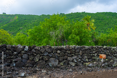 Ancient Stone Walls of the Sacred Hikiau Heiau at Kealakekua Bay, A historical Hawaiian Cultural Site on the Big Island, Hawaii