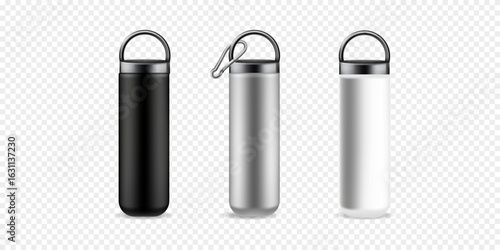Vector realistic 3d black, white and silver empty glossy metal water bottle with black bung icon set closeup on transparency grid background. Design template of packaging mockup for graphics. Front