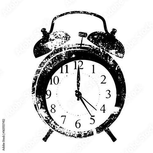 Vector Distressed vintage alarm clock shows five oclock.