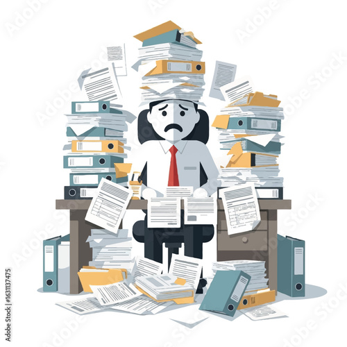 Stressed Businessman Overwhelmed by Massive Pile of Work Paperwork Overload Concept