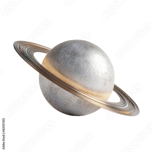 A stylized, 3D rendering of a planet with rings.  A pale, metallic-toned sphere orbits a highlighted ring system