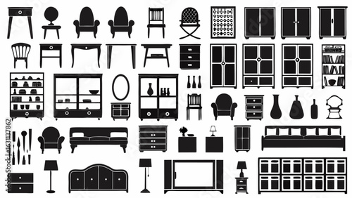 Illustration of various furniture items including chairs tables cabinets and sofas in black and white style | editable eps vectors silhouette