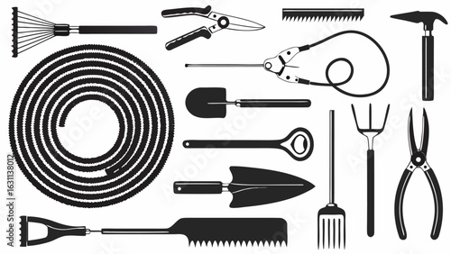 Illustration of various gardening tools including rakes shovels shears and other equipment for yard work | editable eps vectors silhouette