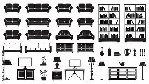 Illustration of various furniture items including sofas bookshelves lamps and tables in black silhouette | editable eps vectors