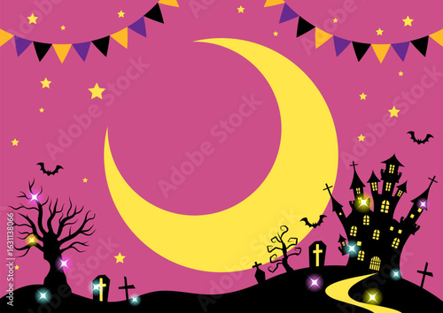 ハロウィン背景、旗、キラキラ、三日月、紫、横
