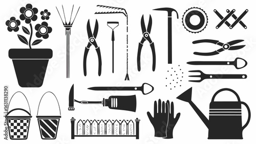 Collection of gardening tools and accessories including flower pot and watering can in black and white | editable eps vectors silhouette