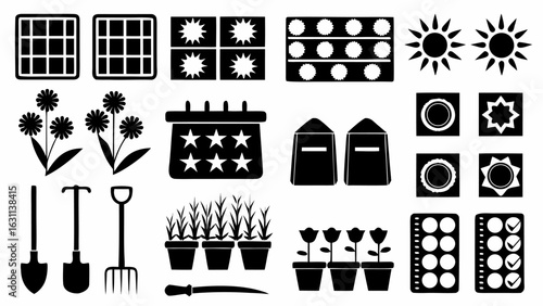 A collection of gardening related icons including plants, tools, suns, and calendar in black and white | editable eps vectors silhouette