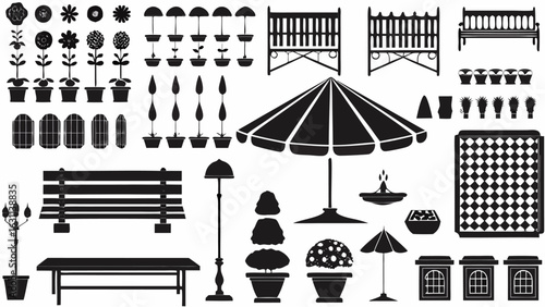 Illustration of various outdoor garden elements including plants benches umbrellas and other garden decor | editable eps vectors silhouette