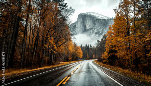 A winding road leads through a forest of autumn trees with orange and brown leaves, towards a misty, rocky mountain in the background.