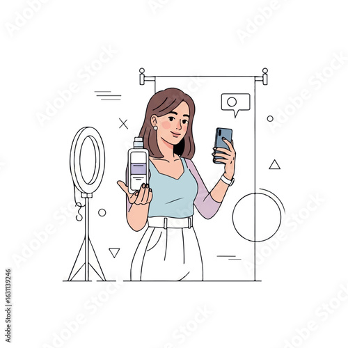 Beauty Influencer Reviewing Skincare Product Live on Smartphone with Ring Light Setup