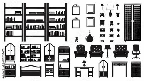 Illustration of various furniture items including bookshelves armchairs tables and cabinets in black silhouette | editable eps vectors