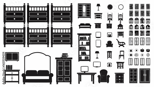 Illustration of various furniture items including beds sofas and storage units in black and white style | editable eps vectors silhouette