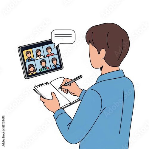 Man Taking Notes During Virtual Meeting on Tablet Remote Learning and Online Conference Concept