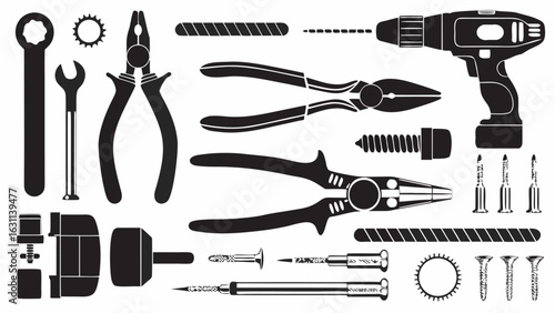 Illustration of various hand tools including wrenches pliers screwdrivers drill and fasteners in black color | editable eps vectors silhouette