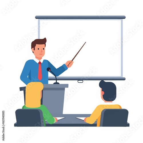 Business Presentation or Training Session with Speaker Pointing at Blank Projector Screen