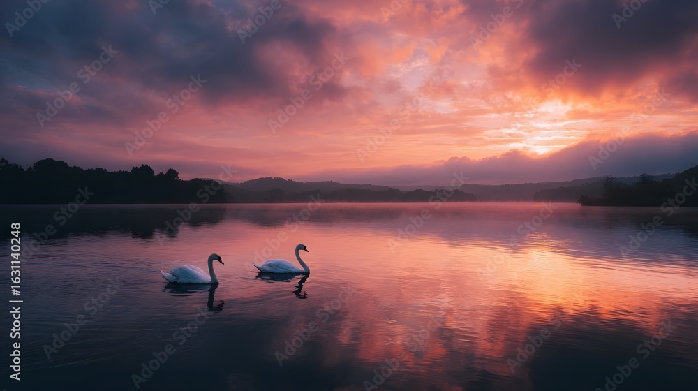 Naklejka premium Swans gliding on a tranquil lake at sunset